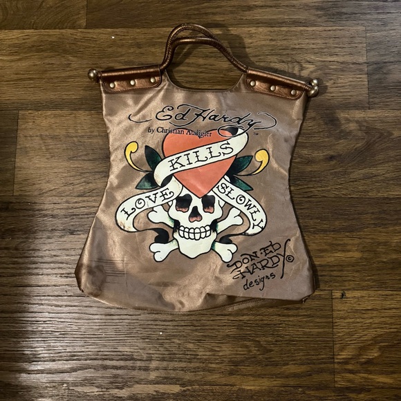 Ed Hardy Skull Design Brown Tote - Picture 1 of 3